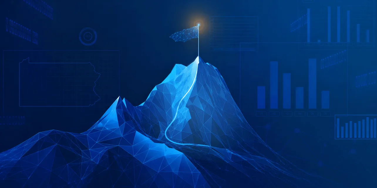 Illustration: flag on a mountain summit over a rising bar chart